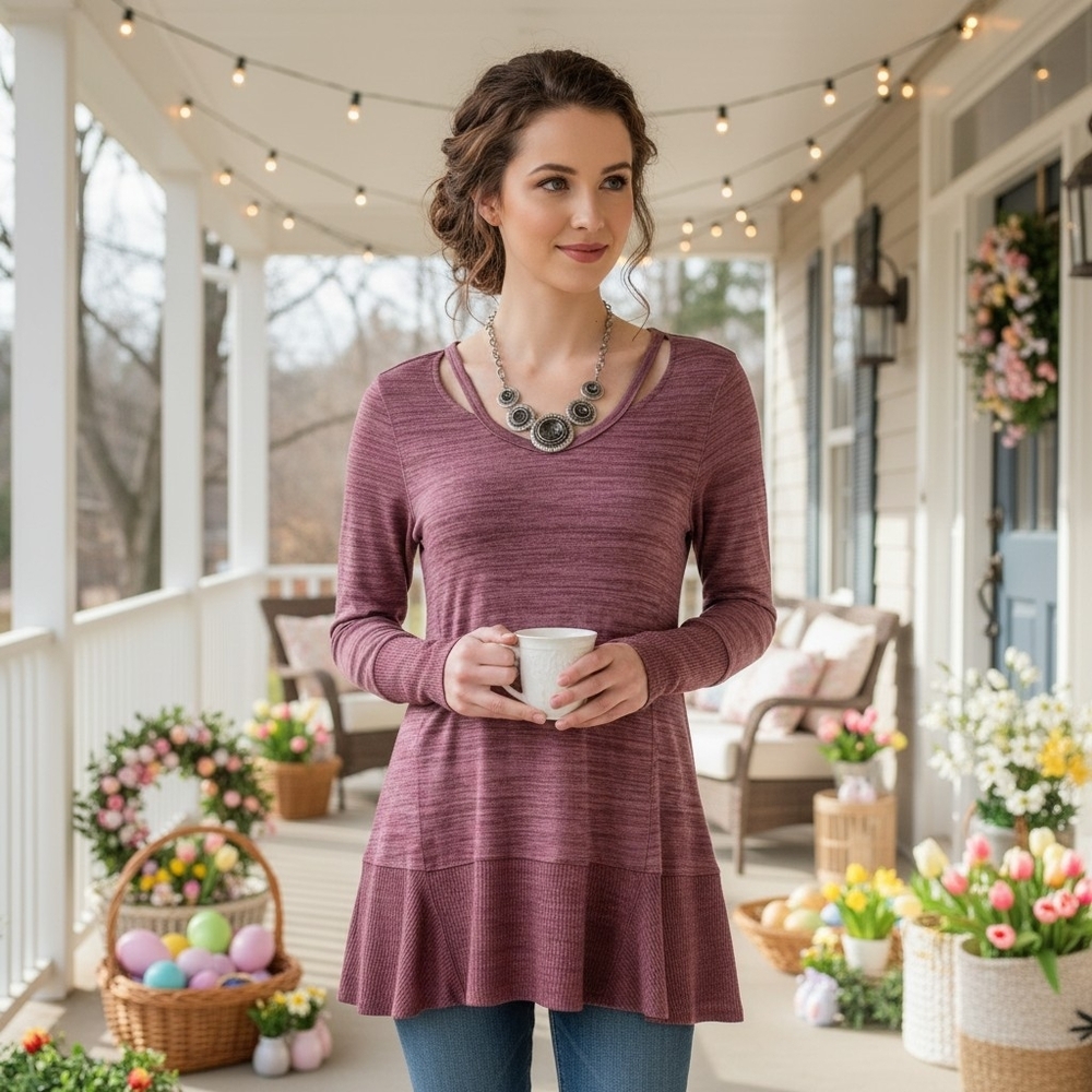 Cupio Maroon Heathered Cut‑Out Shoulder Tunic – Like New Size Small